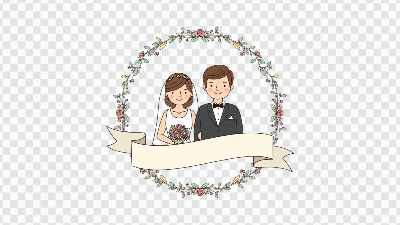 Illustrated Wedding Couple in Floral Frame Banner Clipart PNG