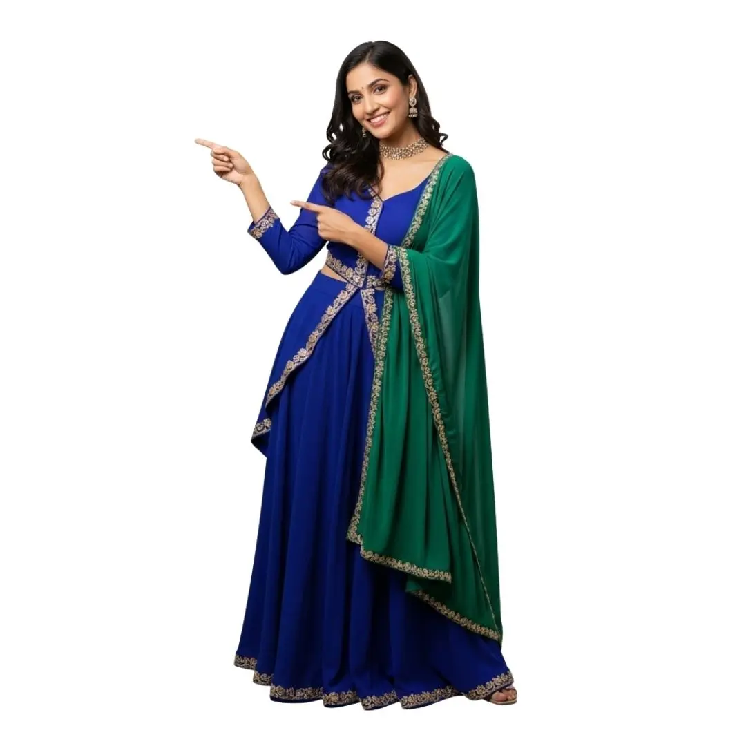 Smiling Indian Woman in Traditional Outfit Pointing PNG Clipart