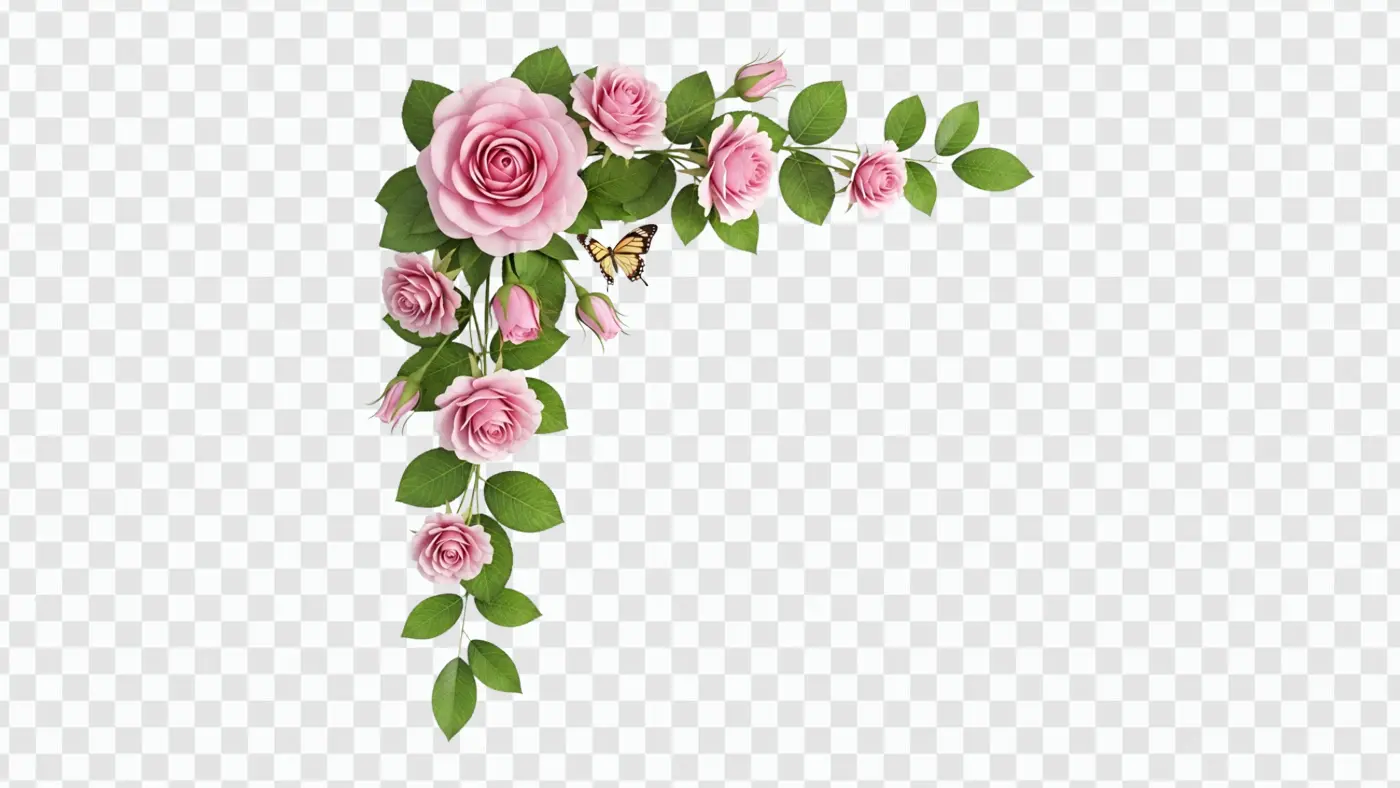 Pink Roses Floral Corner Border with Butterfly PNG Clipart