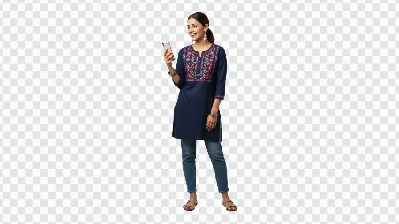 Happy Indian Woman in Kurti Using Smartphone PNG