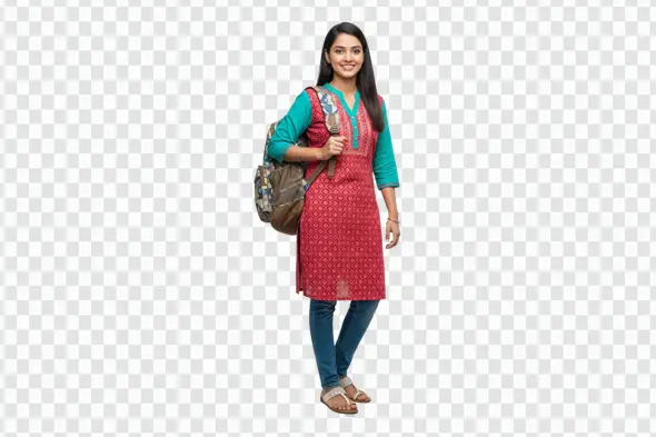 Smiling Indian Female Student with Backpack Clipart PNG