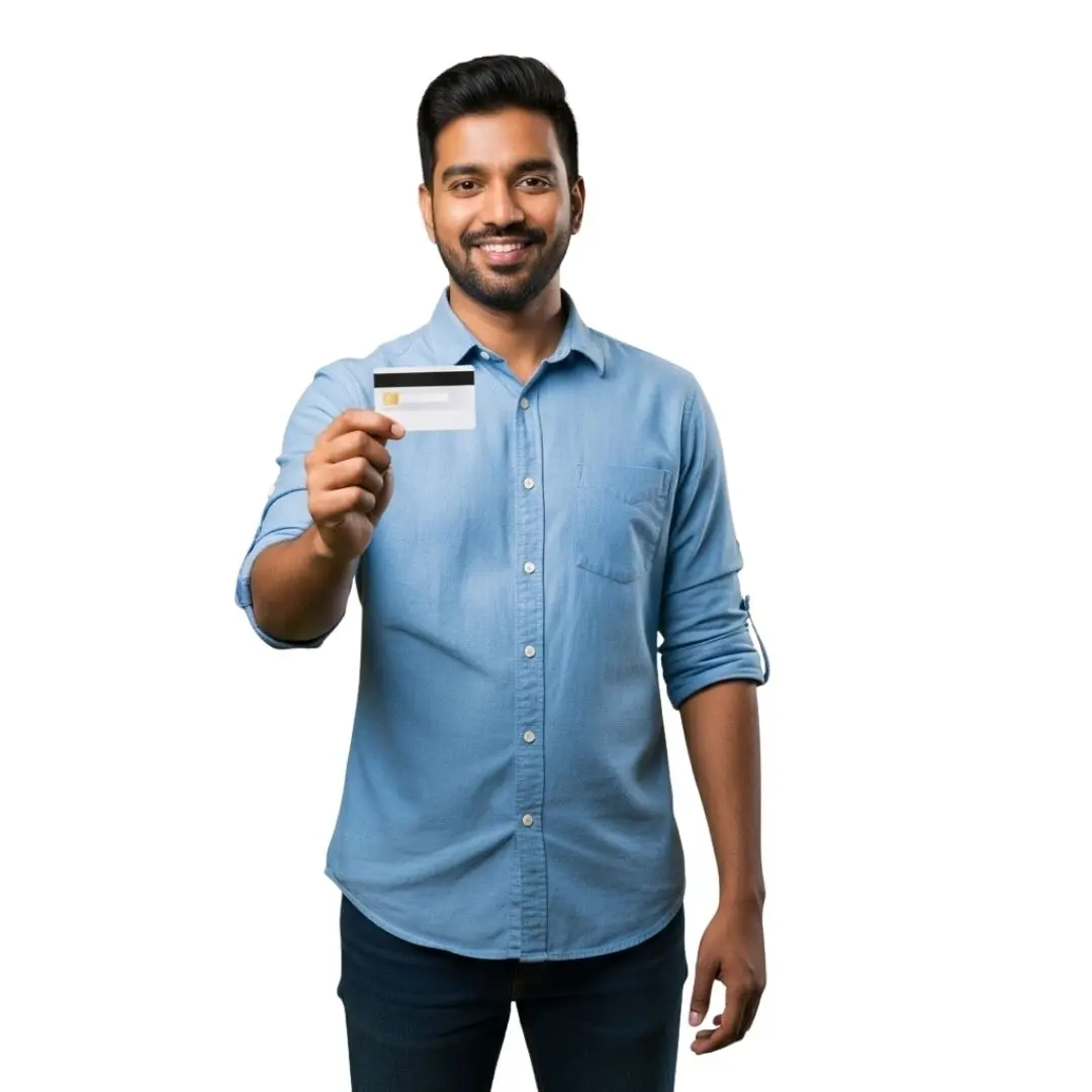 Confident young Indian man showing credit card PNG