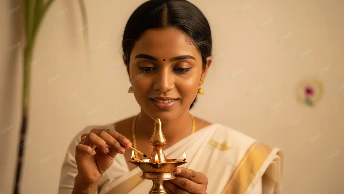 Graceful Woman Lighting a Traditional Brass Lamp