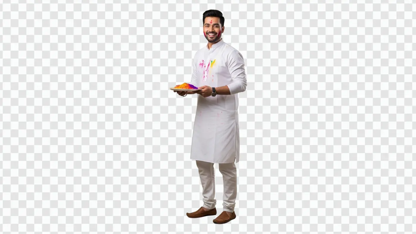 Smiling Indian Man Celebrating Holi with Colors Plate PNG