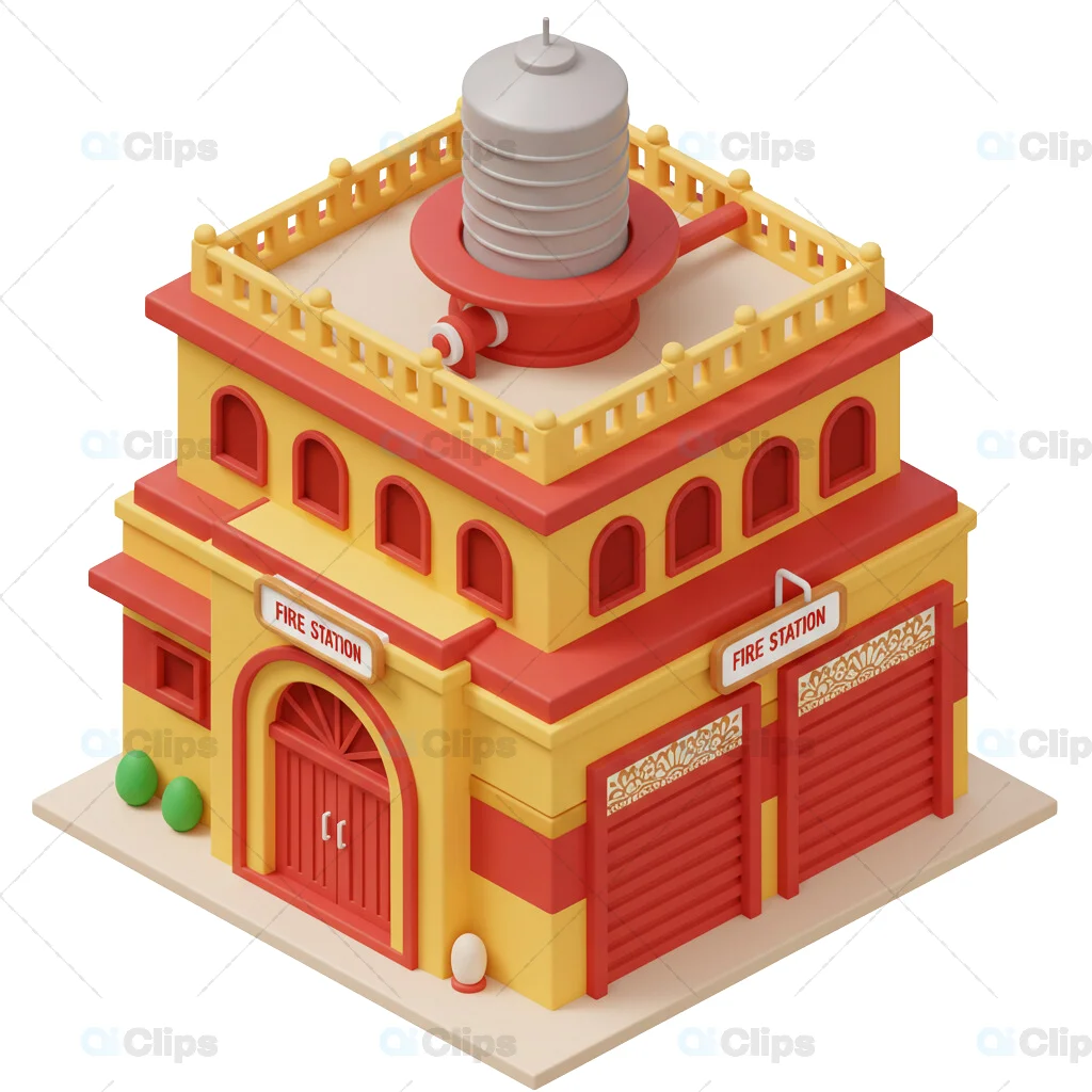 Isometric 3D Fire Station Building with Water Tower