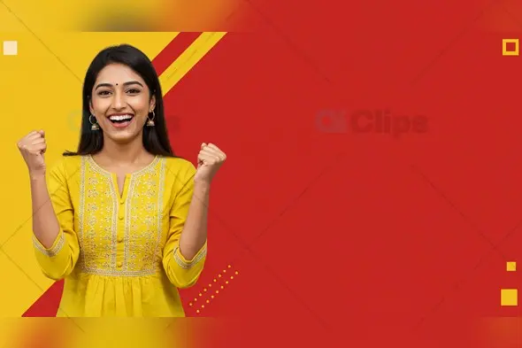Cheerful Indian Woman in Yellow Kurta with Red Background