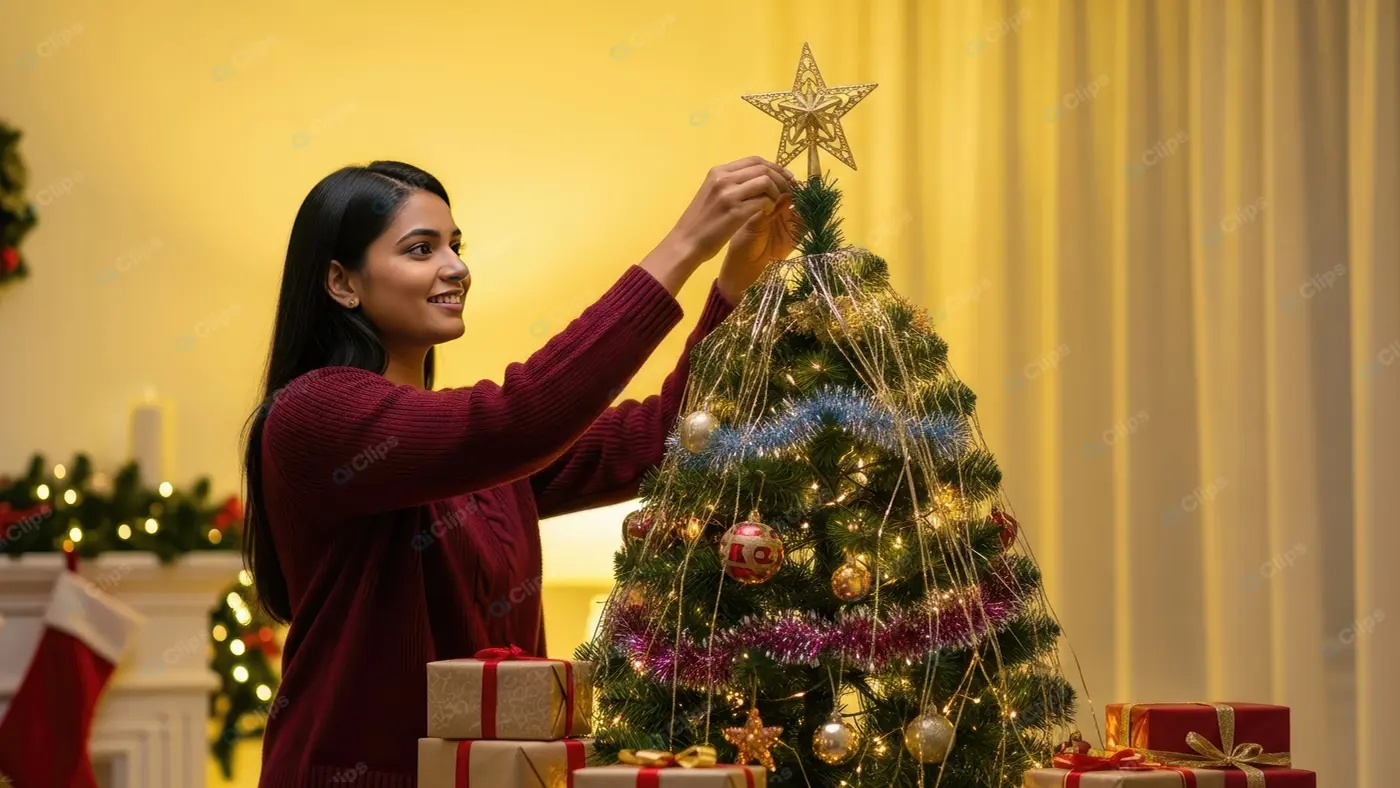 Smiling Woman Adds Star to Christmas Tree