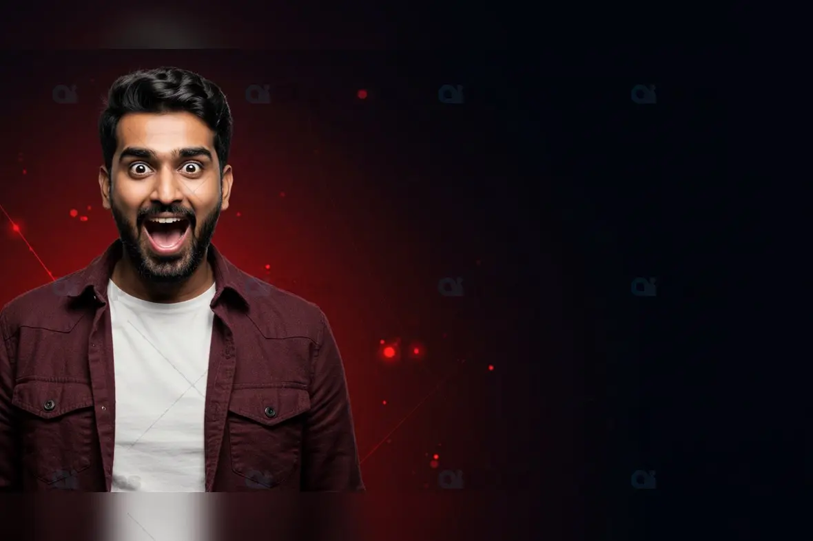 Excited Man on Red and Black Abstract Background