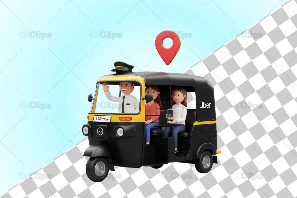3D Uber Auto Rickshaw with Passengers and GPS Pin
