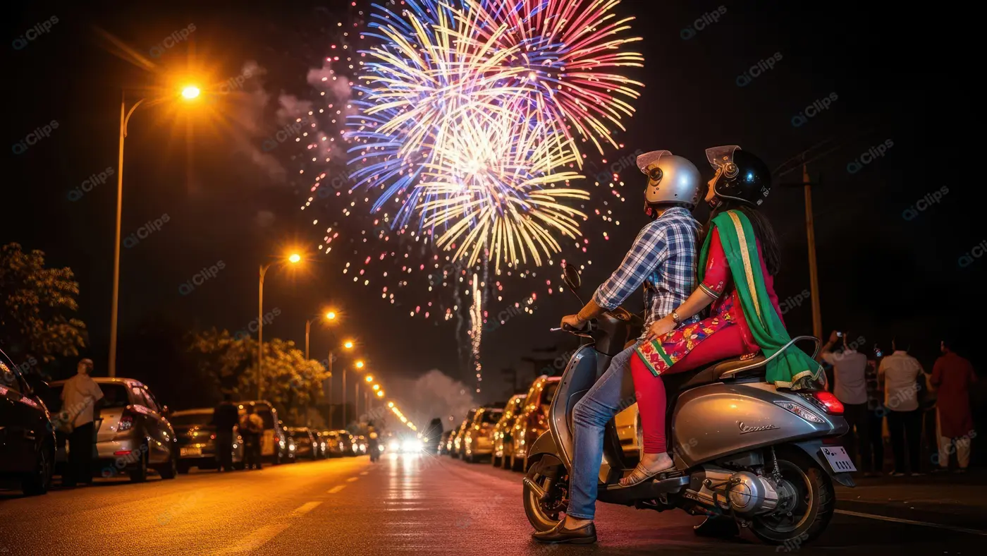 Urban Festive Night with Fireworks