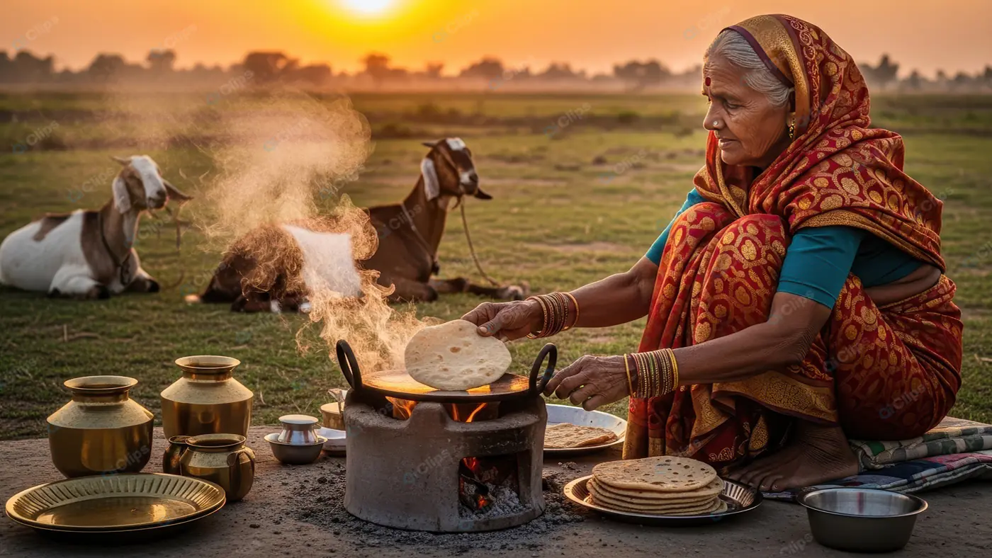 Rural Indian Woman Cooking Outdoors at Sunset