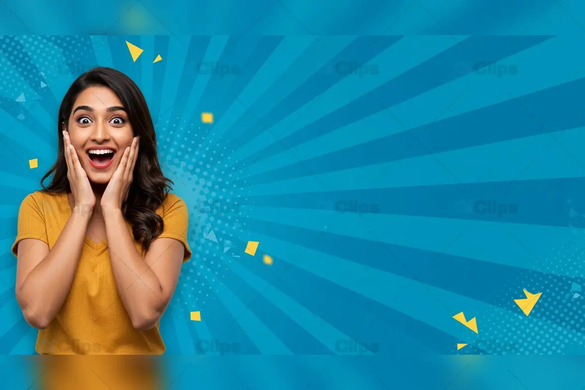 Excited Woman on Blue Radiant Background with Yellow Accents