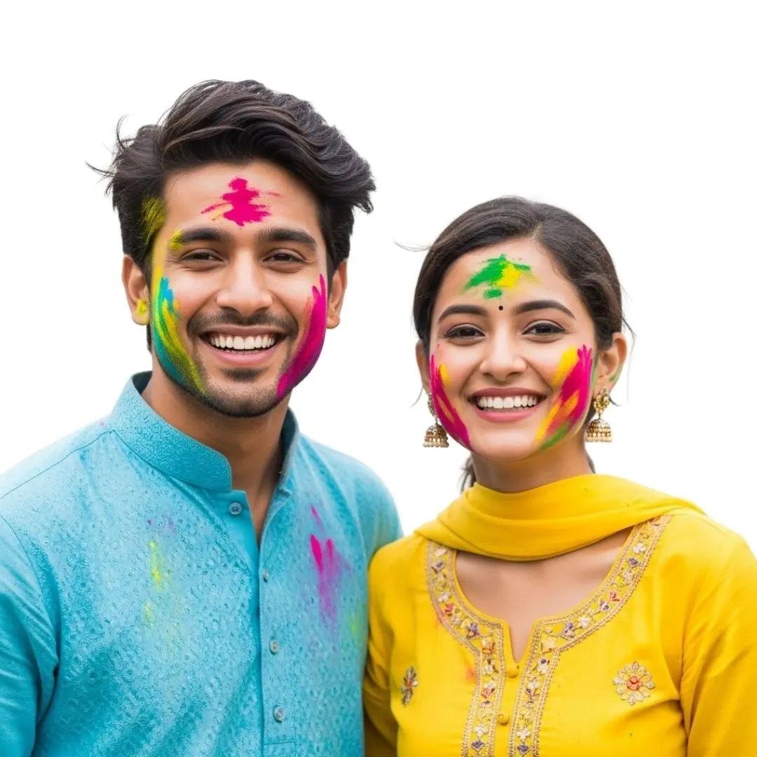 Joyful Indian Couple Celebrating Holi Festival Clipart PNG