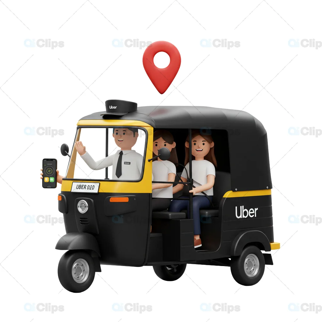 3D Uber Auto Rickshaw with Passengers and Driver Displaying App