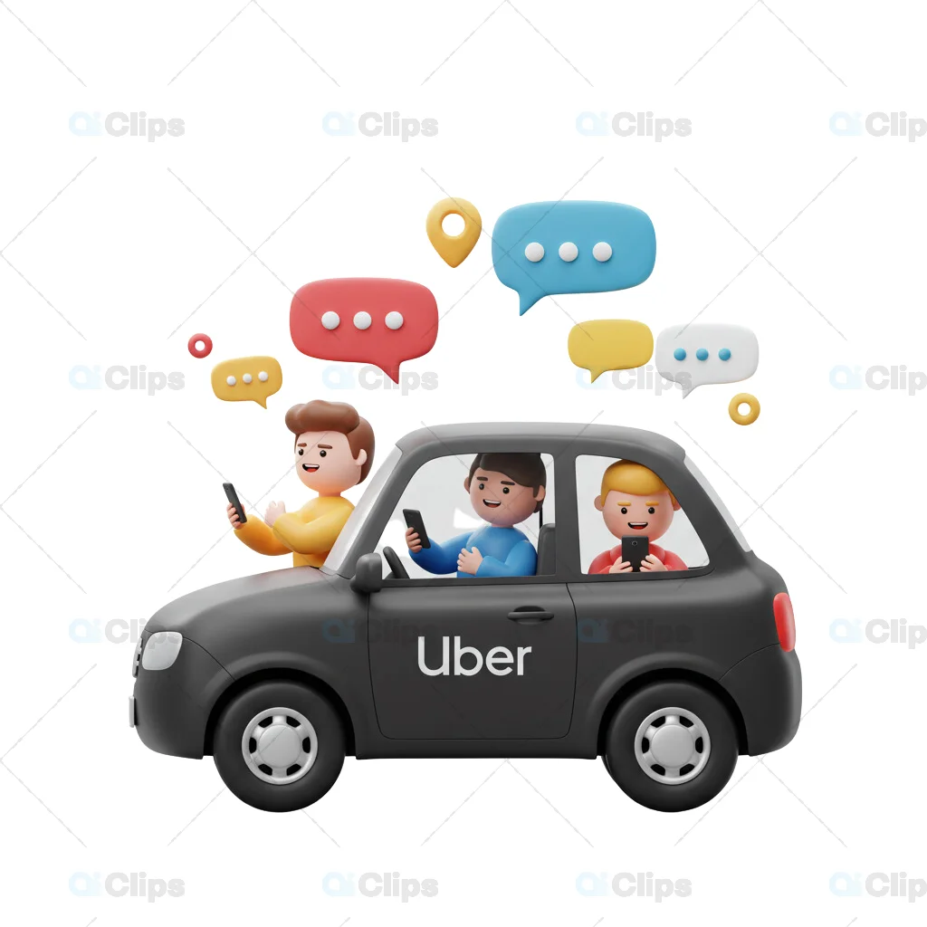 3D Uber Carpool Illustration with Chat Bubbles and GPS Icon