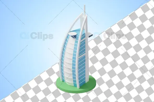 3D Burj Al Arab Hotel Miniature on Green Base