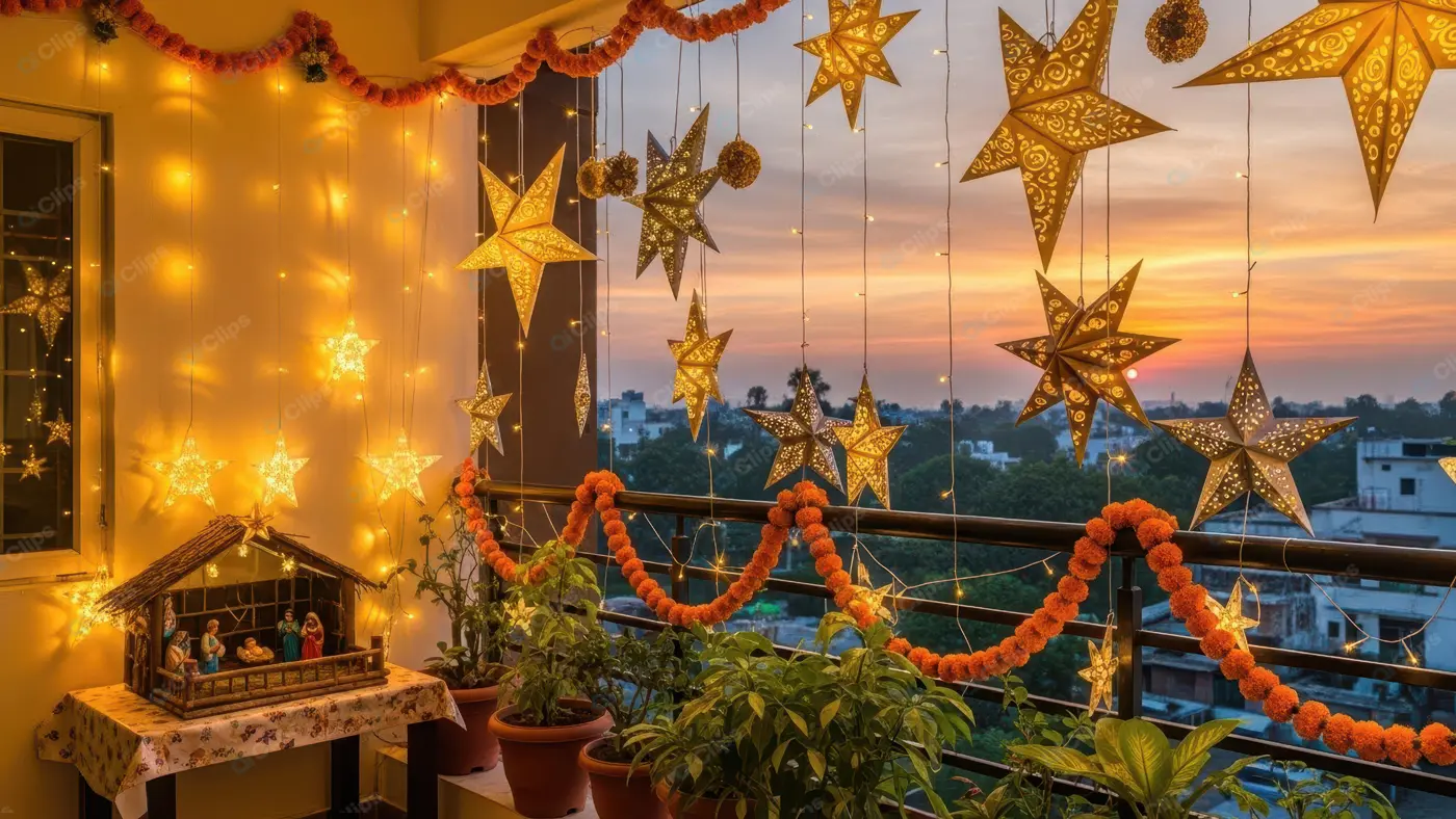 Festive Urban Balcony Illuminated for Christmas