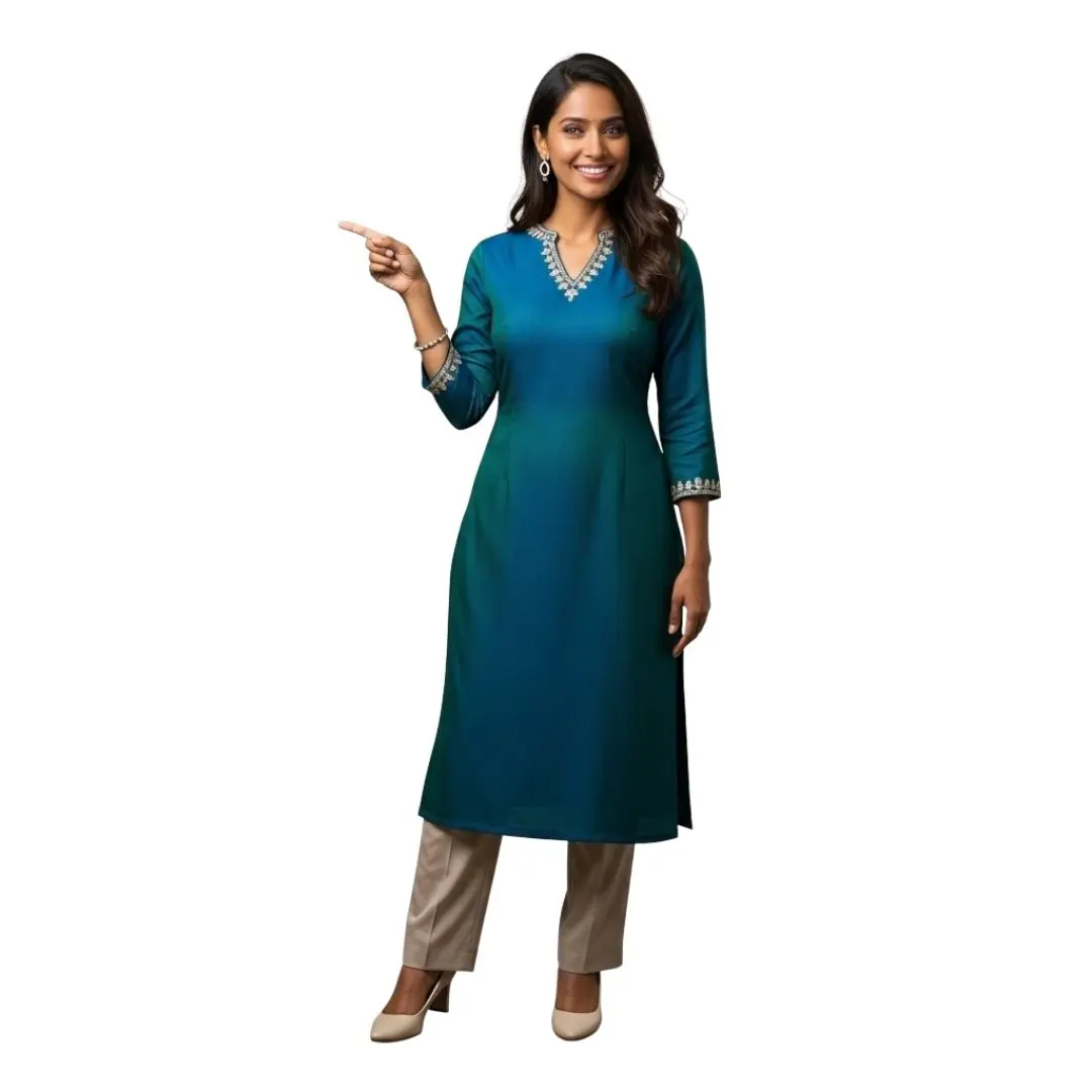 Elegant Indian Woman in Blue Kurta Pointing Left PNG