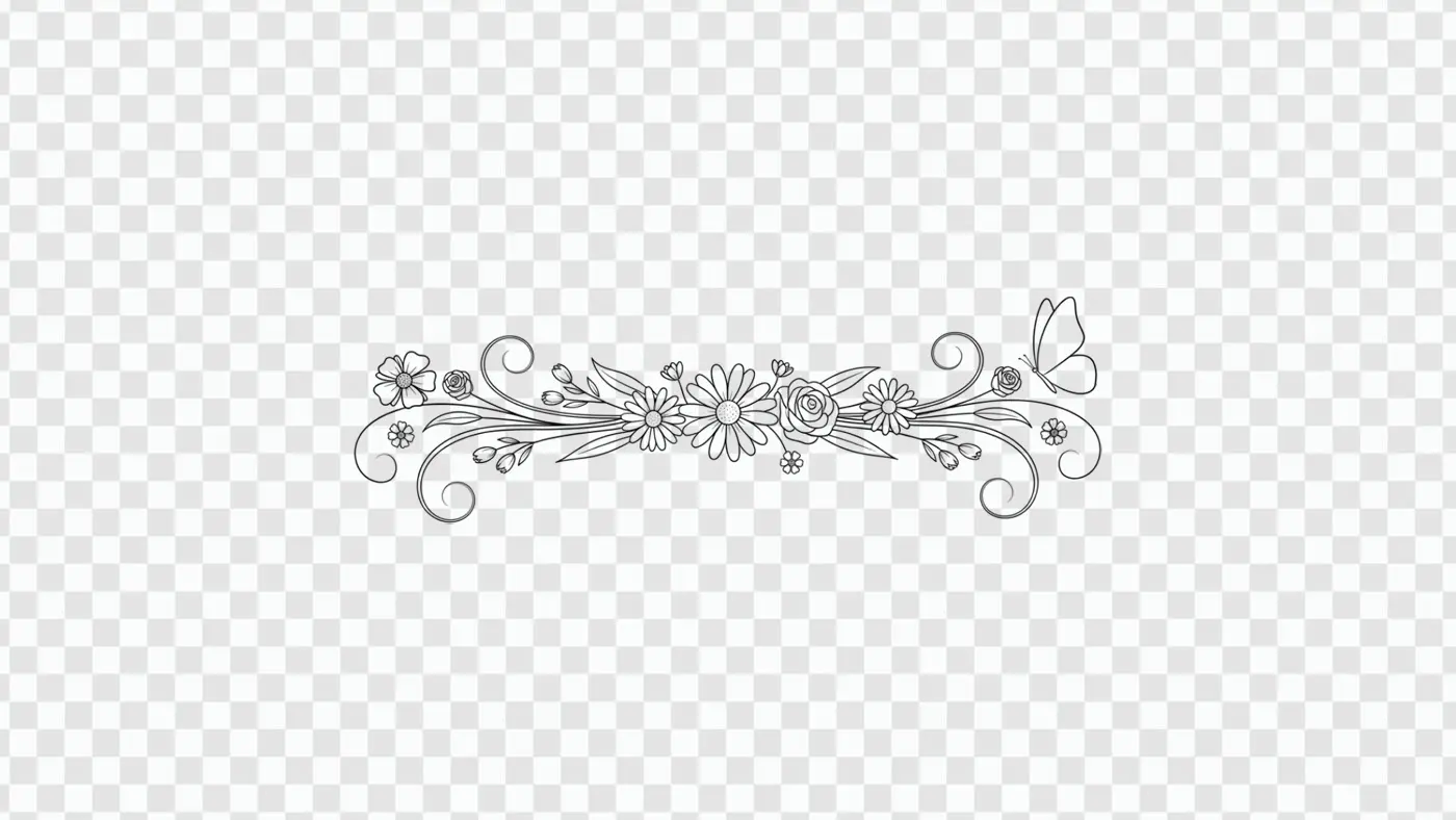 Elegant Floral Divider with Butterfly Line Art Clipart