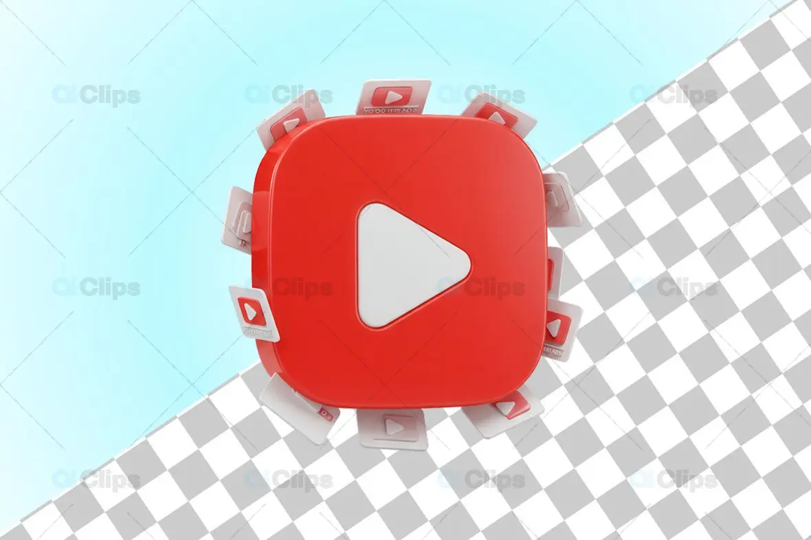 3D YouTube Play Button with Surrounding Mini Icons