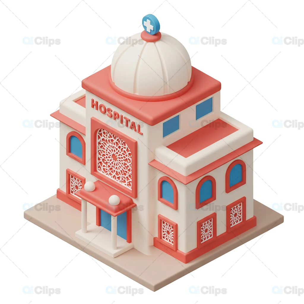 Isometric Hospital Building with Ornate Facade and Domed Roof