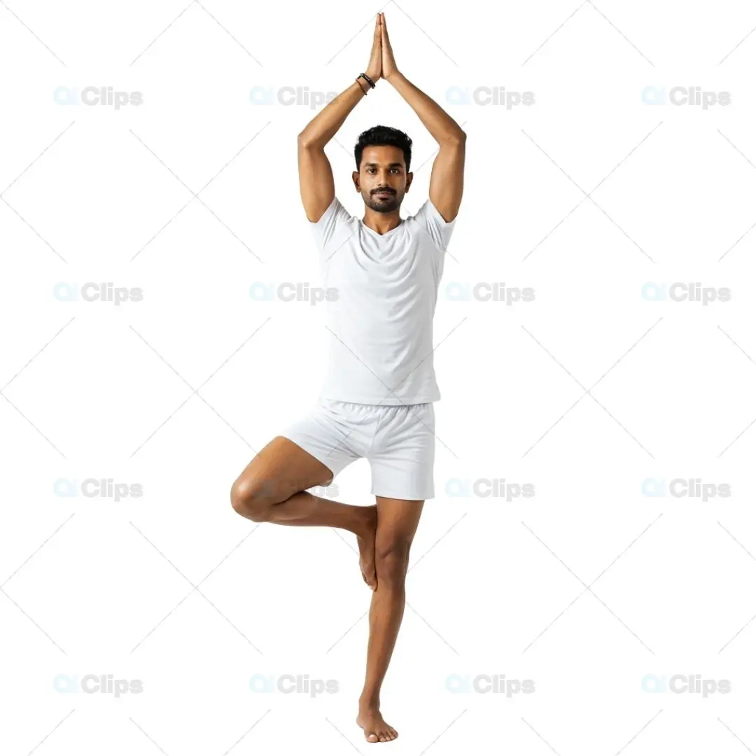 Male Yoga Practitioner in Tree Pose with White Attire on Transparent Background