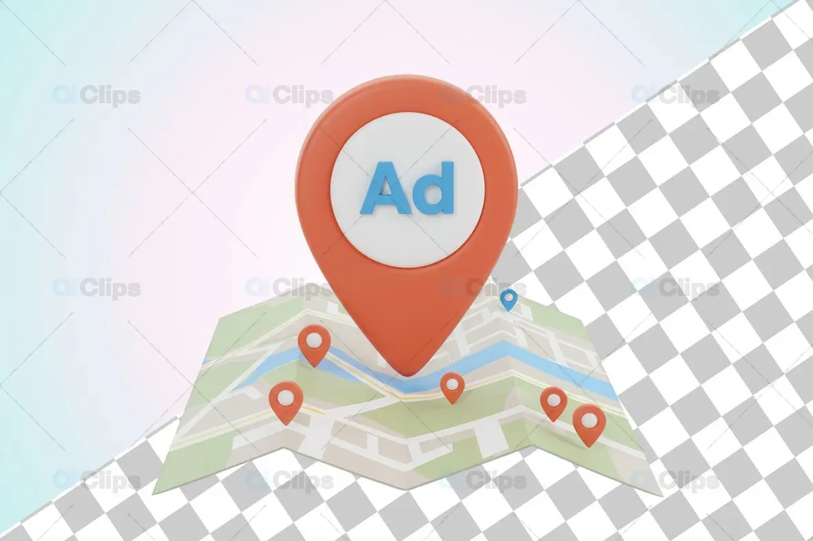 3D Location Pin with Ad Text on Folded Map
