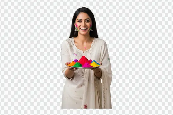 Cheerful Indian Woman Holding Holi Color Powder Plate PNG