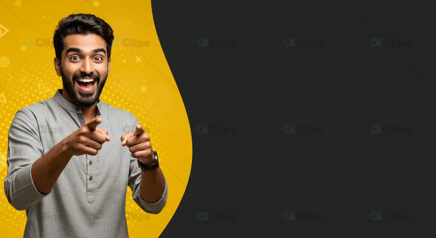 Excited Indian Man in Grey Kurta with Black and Yellow Background