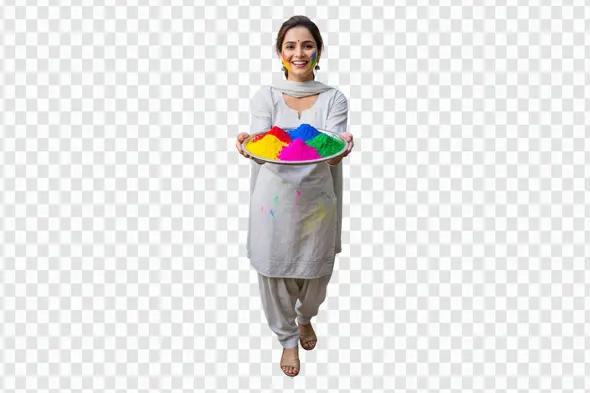Smiling Indian Woman Holding Holi Color Plate PNG Clipart