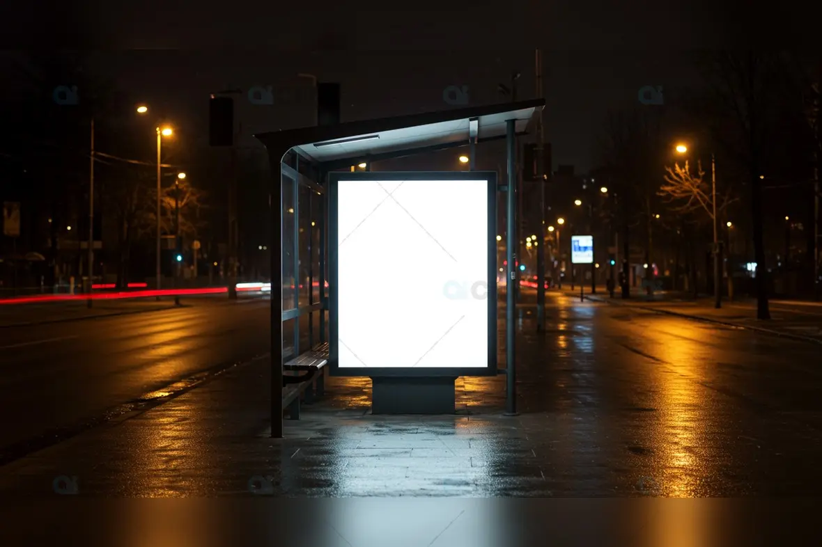 Illuminated Bus Stop Billboard at Night