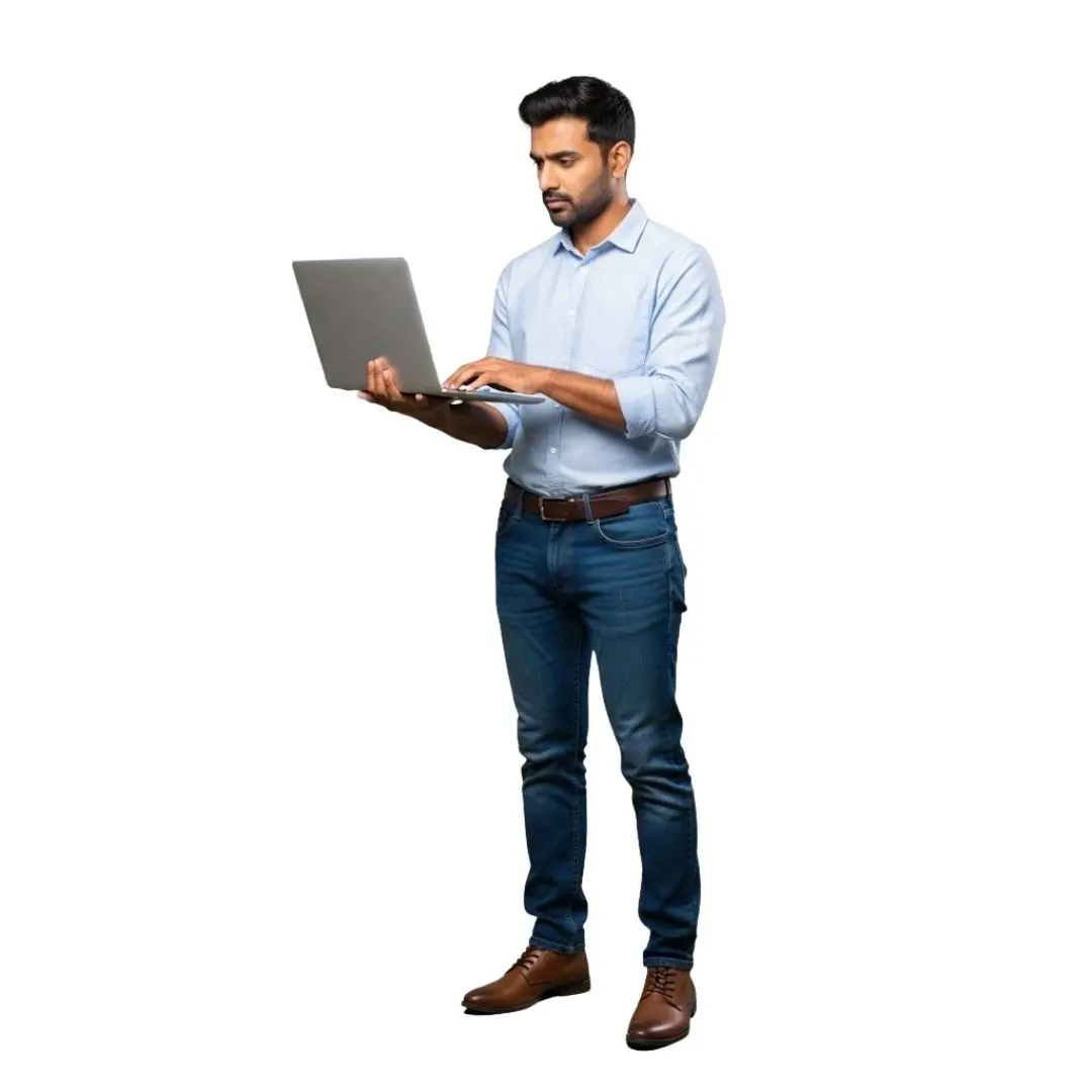 Indian Man in Casual Formals Working on Laptop PNG