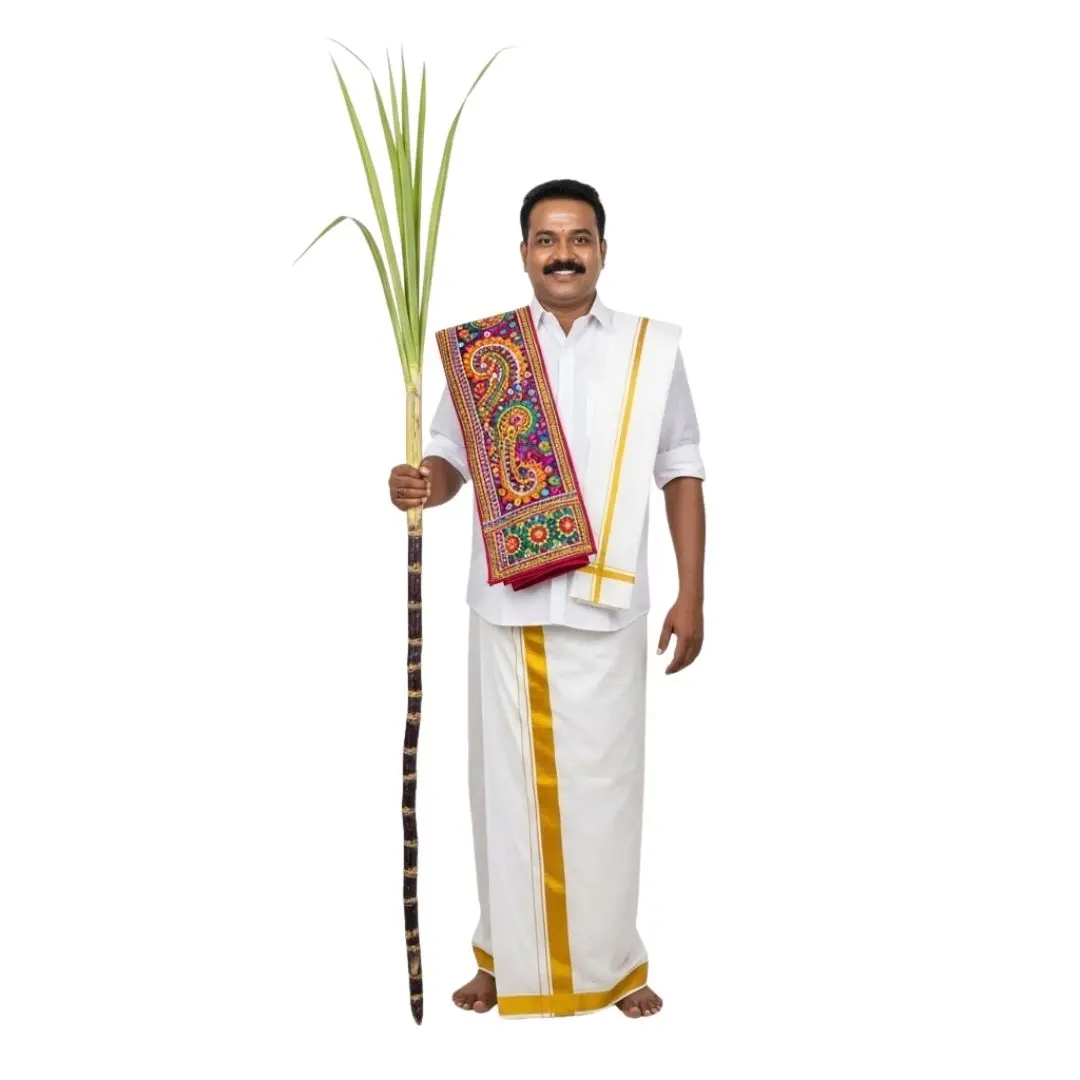 Smiling South Indian Man Holding Sugarcane for Pongal PNG