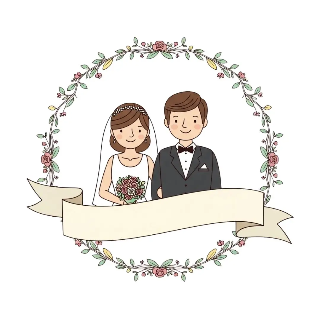 Illustrated Wedding Couple in Floral Frame Banner Clipart PNG