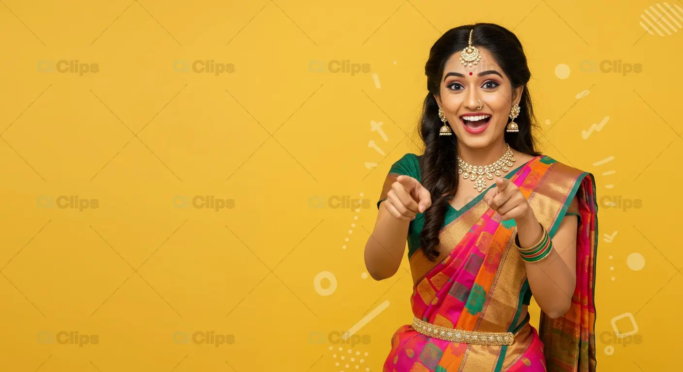 Smiling Indian Woman in Traditional Saree on Yellow