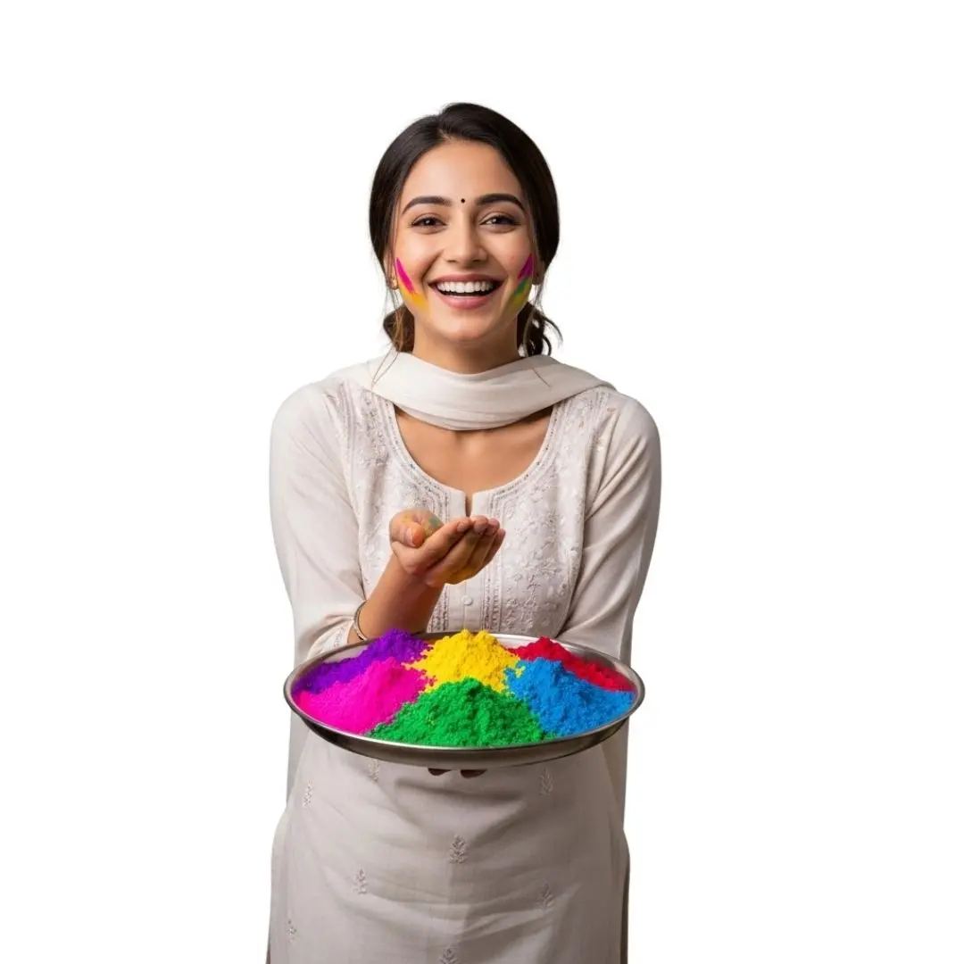 Smiling Woman with Holi Color Powder Thali PNG