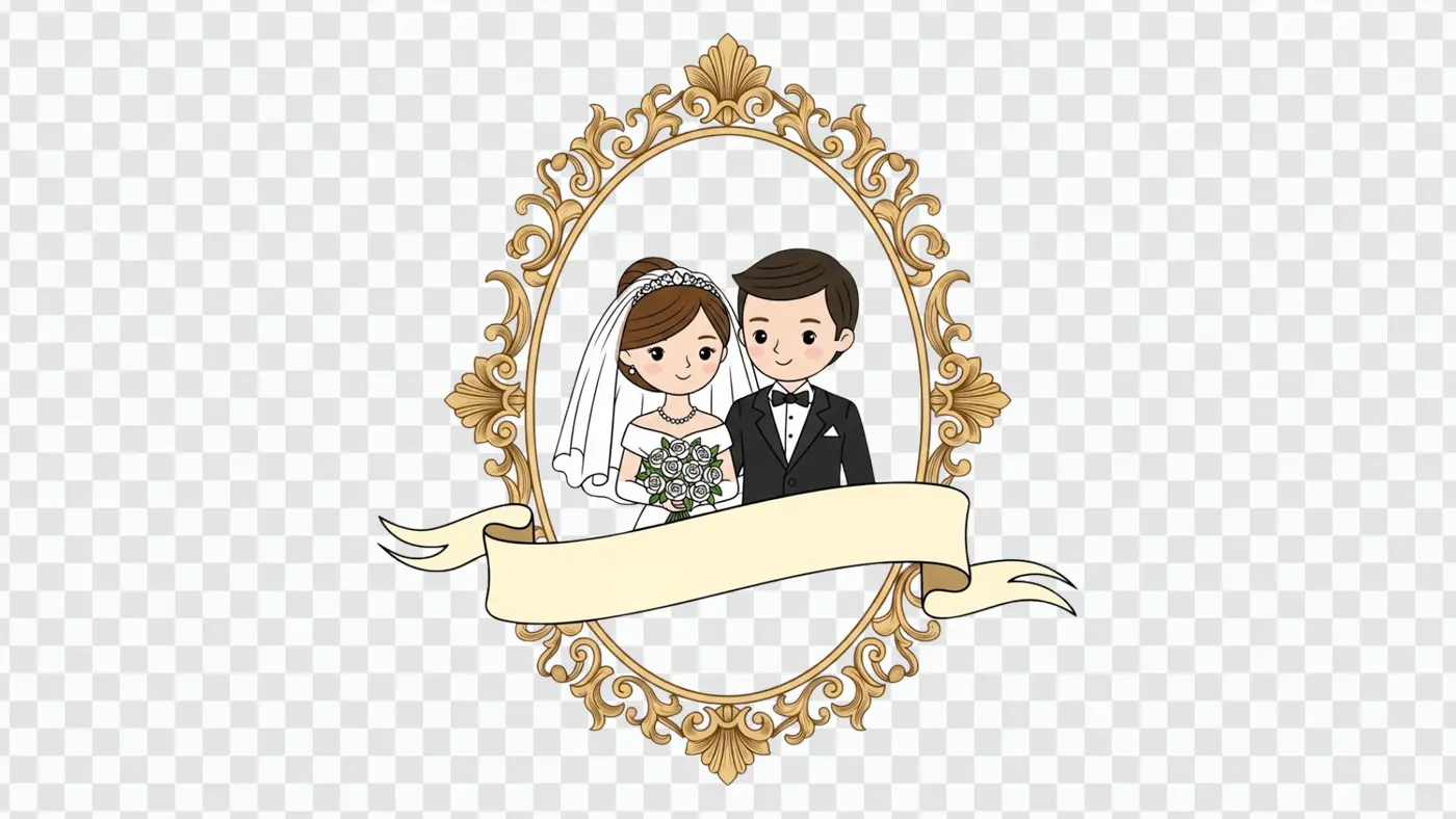 Cute Wedding Couple in Ornate Frame Banner Clipart