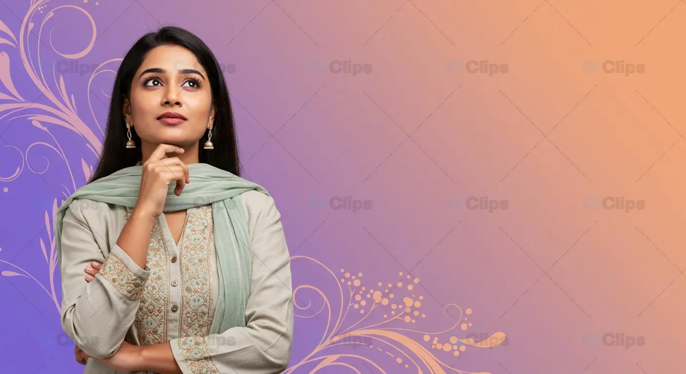 Thoughtful Indian Woman on Elegant Floral Background