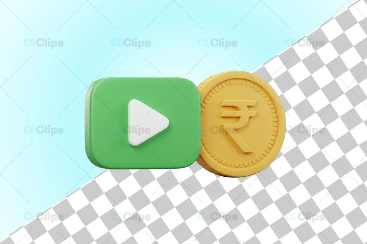 3D Play Button and Indian Rupee Coin Icon