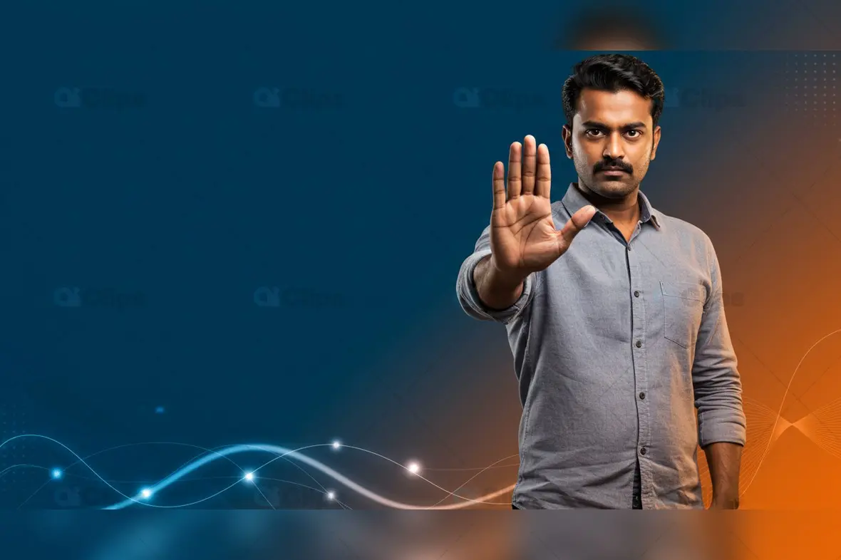 Indian Man Showing Stop Gesture on Blue and Orange Abstract Background