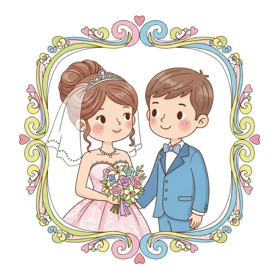 Charming Cartoon Wedding Couple in Ornate Frame Clipart PNG