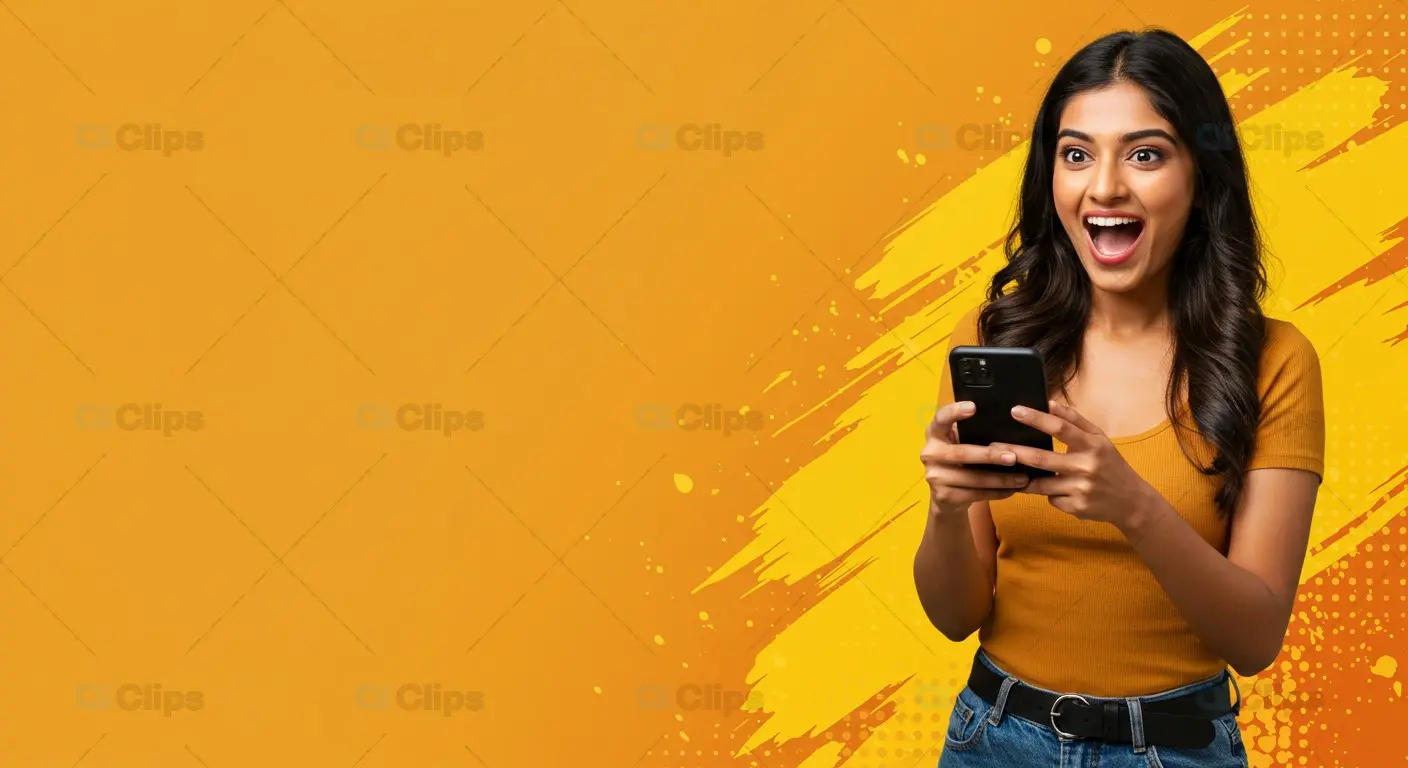 Excited Woman Using Smartphone Background