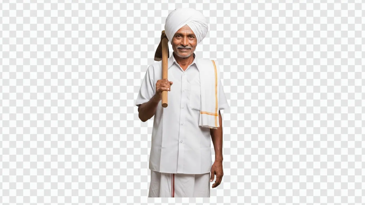 Smiling Indian Farmer Holding Hoe on Shoulder PNG