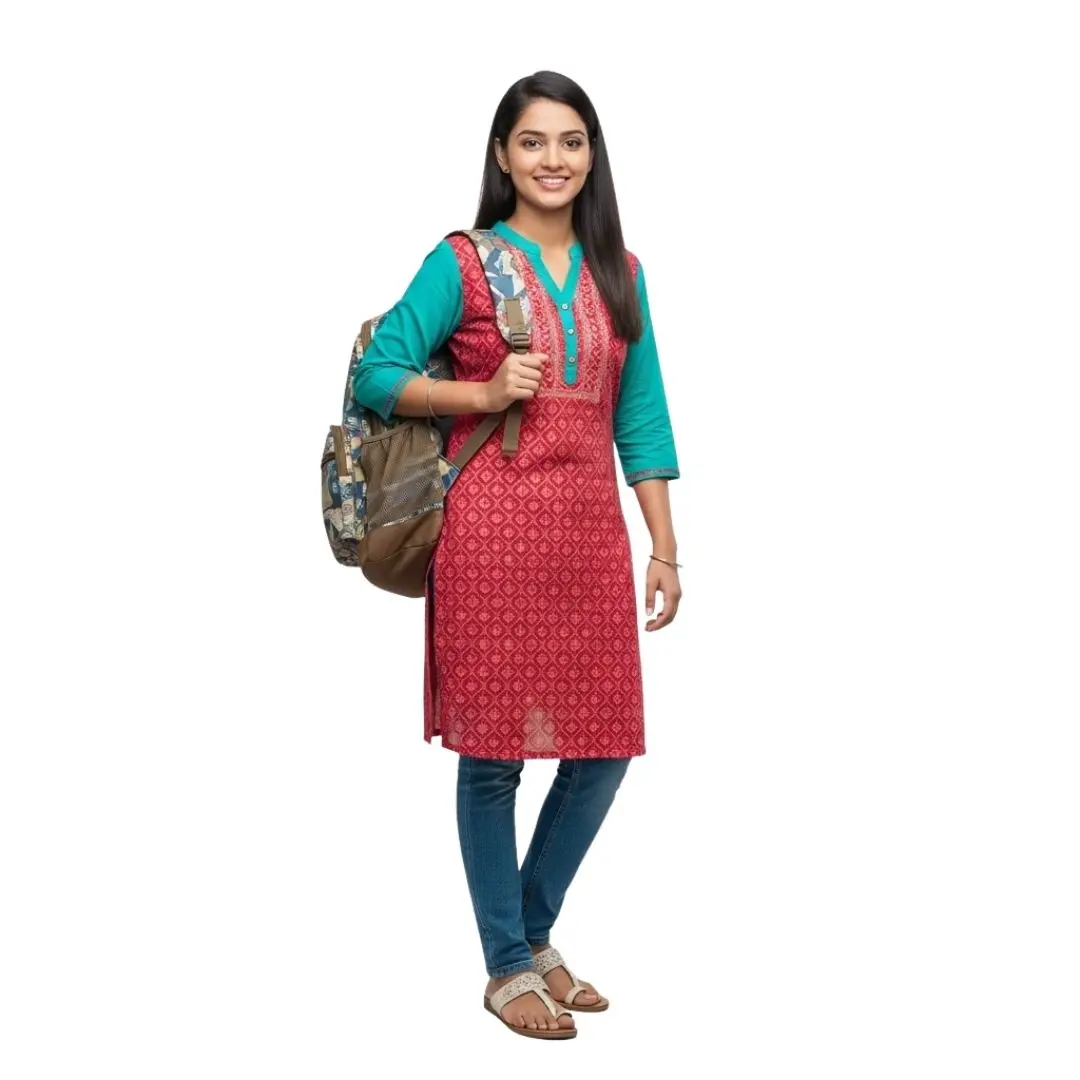 Smiling Indian Female Student with Backpack Clipart PNG