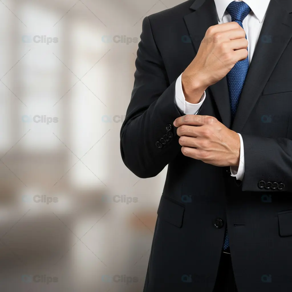 Professional Adjusting Cufflink in Black Suit with Blue Tie