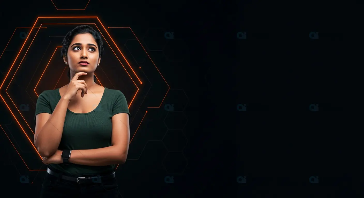 Indian Woman in Thoughtful Pose on Black and Orange Tech Background