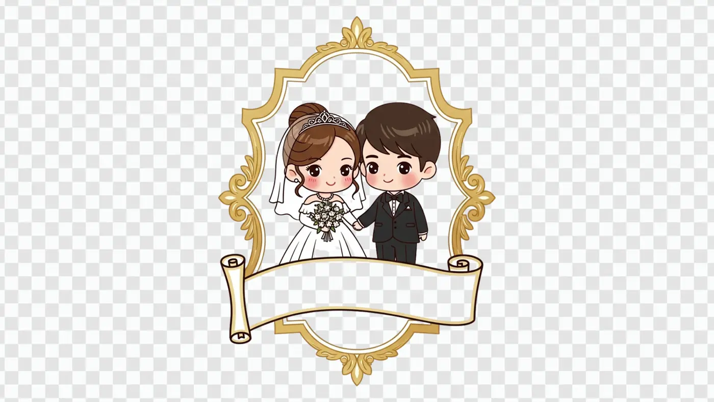 Sweet Cartoon Bride Groom in Vintage Frame Clipart