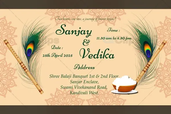 Elegant Indian Marathi & English Wedding Invitation with Peacock Feathers