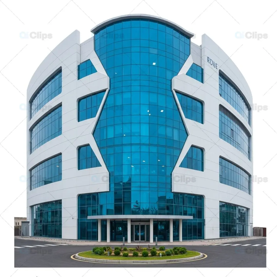 Modern Corporate Building with Curved Glass Facade and Geometric Design