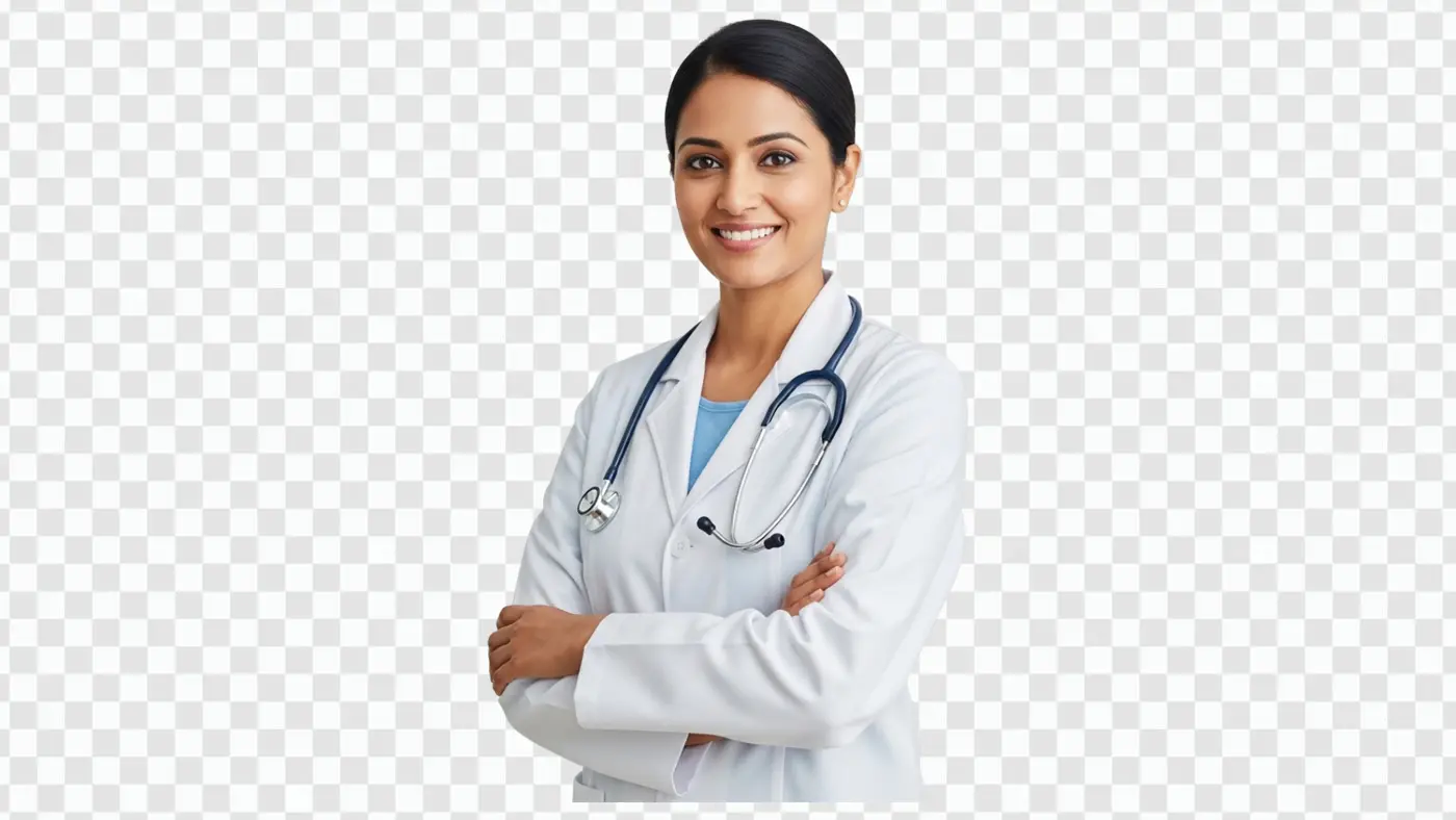 Confident Indian Female Doctor With Stethoscope Arms Crossed PNG